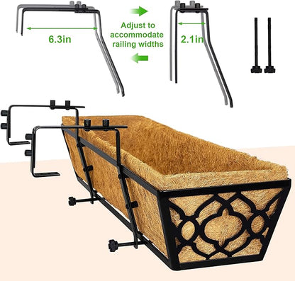 2pcs 24 Inch Window Deck with Coco Liner, 24" Window Boxes Horse Trough with Coconut Coir Liner, Metal Hanging Flower Planter Window Basket Deck Railing Planter Boxes for Outdoor Indoor Lawn