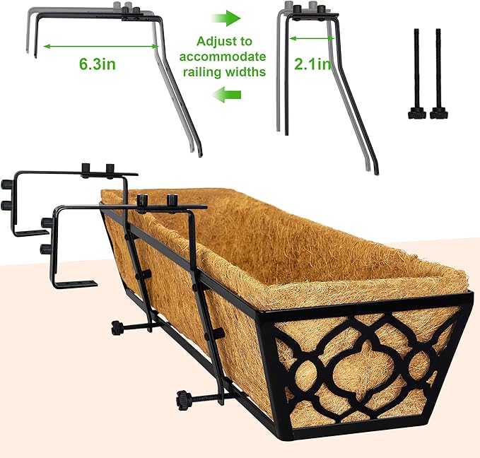 Y&M 4pcs 30" Horse Trough Window Boxes with Coconut Coir Liner, Black Metal Hanging Flower Planter Deck Railing Planter Boxes for Outdoor Indoor