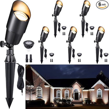 Gardenreet Solid Brass Spot Lights - Black Low Voltage Landscape Spotlight Outdoor, 12V LED Uplights Wired, Waterproof Electric for Patio Wall with 5000K Daylight MR16 Bulb (6 Pack)