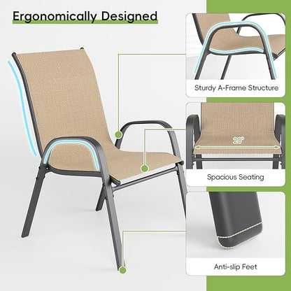Patio Chairs Set of 2, Outdoor Dining Chairs Stackable for All Weather, Breathable Metal Modern Outside Furniture Chair for Pool Side, Garden, Backyard Deck, Brown