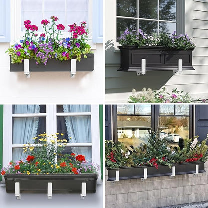 Y&M 4 Pack Adjustable Planter Box Brackets (6 to 12.5 in), Universal Window Box Brackets, Heavy Duty Iron Flower Box Wall Mounting Hooks for Balcony, Fences, Patio, and Garden - White
