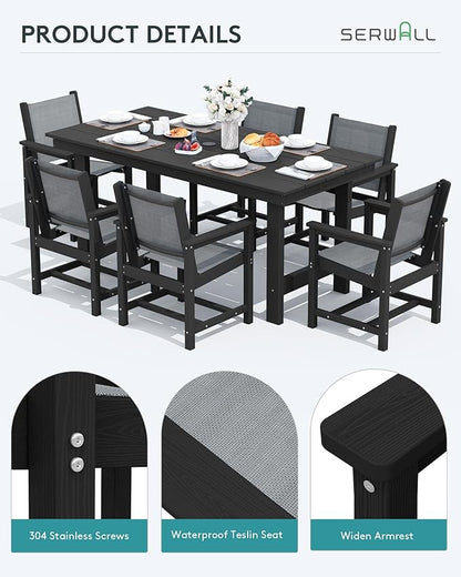 SERWALL Patio Dining Sets for 6, Outdoor HDPE Dining Set with Umbrella Hole Cut-Out Table and 6 Woven Chairs, Black