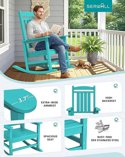 SERWALL HDPE Outdoor Rocking Chair Set of 4, Patio Rocking Chairs, All-Weather Porch Rockers for Adults, Aruba Blue