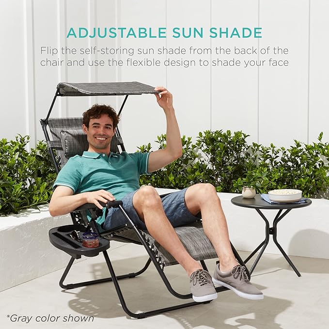 Best Choice Products Folding Zero Gravity Outdoor Recliner Patio Lounge Chair w/Adjustable Canopy Shade, Headrest, Side Accessory Tray, Textilene Mesh - Sand