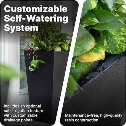 Step2 Tremont Tall Square Tapered Planter, Large Planters for Outdoor Plants, Gardening and Flower Pot for Patio or Porch, Efficient Drainage, Durable Plastic, Onyx Black, 2-Pack