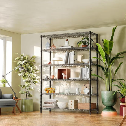 IZEUK 6-Tier Heavy Duty Metal Wire Shelving Unit, Adjustable Storage Rack Organizer for Garage, Kitchen, Office, Basement, Warehouse (Black, 17.7" D x 47.2" W x 82.7" H)