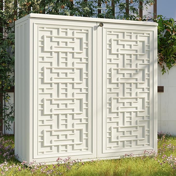 Indoor Outdoor Storage Cabinet Waterproof with Shelf, Off White Plastic Outdoor Cabinets for Patio/Garden/Backyard, Size 34.3''L*15''W*36.2''H
