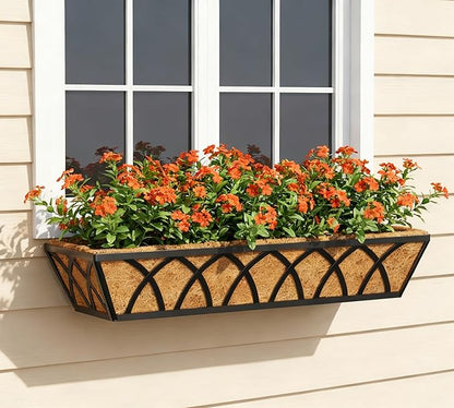 Y&M 24 Inch Window Deck with Coco Liner, Fence Metal Hanging Flower Planter Window Basket Deck Railing Planter Boxes for Outdoor Garden Lawn, 24" Window Boxes Horse Trough with Coconut Coir Liner,4pcs