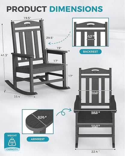 Ciokea Oversized Outdoor Rocking Chairs Set of 3, 380lbs Heavy-Duty Large Patio Rocker, High Back Cozy Porch Chairs, Weather Resistant Patio Rocking Chairs for Outside, Fire Pit, Deck, Dark Grey