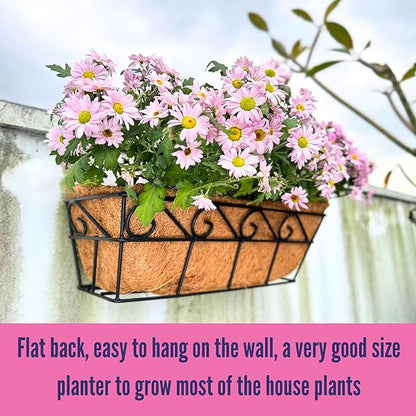 LaLaGreen Wall Mounted Planters - 16 Inch, 4 Pack Window Flower Boxes Basket Outdoor, Balcony Planter Over The Rail, Deck Railing Hanging with Coco Liners, Metal Horse Troughs Fence Patio Porch