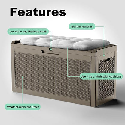 DRATO 60 Gallon Deck Box, Waterproof Resin Large Outdoor Storgae Box for Patio Furniture, Patio Cushions, Gardening Tools, Pool Supplies, Lockable（Gray，60 Gallon）