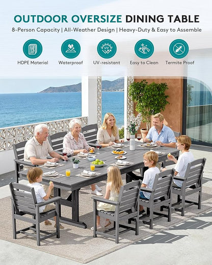 SERWALL 9 Piece Outdoor Dining Set, 84" HDPE Outdoor Table and Chairs for 8，All Weather Patio Furniture Set with Umbrella Hole for Backyard, Garden, Gray