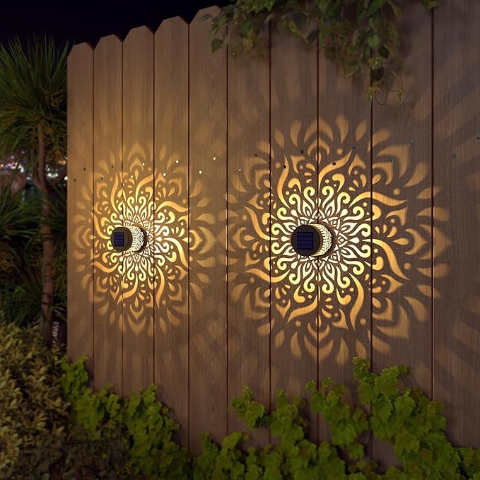 4 Pack Solar Fence Lights Metal Solar Powered Outdoor Wall Deck Step Lights Mandala Theme Waterproof Fence Light for Garden Post Patio Backyard Decor (4 Pack)