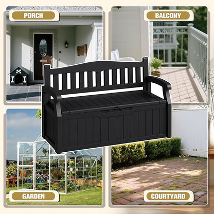 80-Gallon Outdoor Storage Bench, Waterproof Deck Box with Lockable Lid, Dark Black