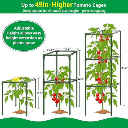 3 Pack Square Tomato Cages, 49'' Tall Heavy Duty Steel Tomato Trellis Kit for Garden, Plant Support Tower Stakes Cucumber Pepper Trellis for Climbing Vegetable Flowers