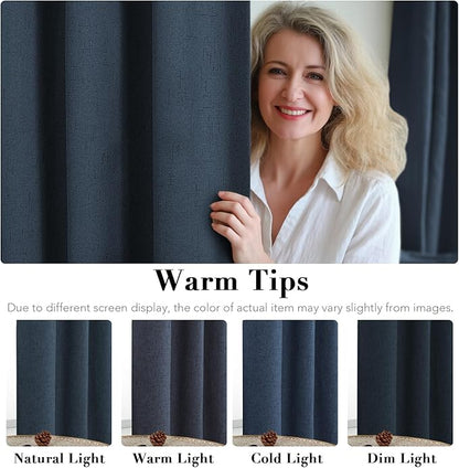 H.VERSAILTEX Linen Blackout Curtains Durable Thick Textured Linen Look 100% Blackout Patio Door Curtain Anti Rust Grommet Extra Wide Sliding Door Curtain Panel, W100 x L96 inch - Navy