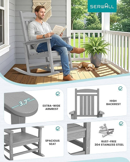 SERWALL Oversized Outdoor Rocking Chair, All-Weather Patio Rocking Chair, HDPE Porch Rocker for Adults, Light Gray