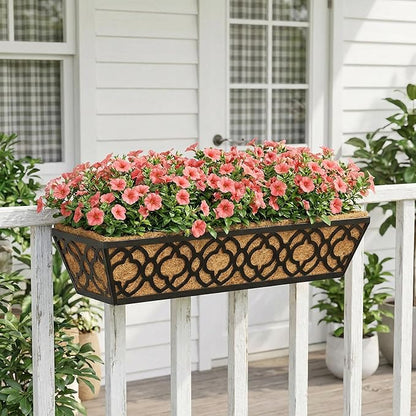Y&M 6pcs 24 Inch Window Deck with Coco Liner, Fence Metal Hanging Flower Planter Window Basket Deck Railing Planter Boxes for Outdoor Garden Lawn