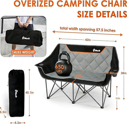 EMERIT Oversized Fully Padded Camping Chair, Heavy Duty 650LB Folding Camping Loveseat, Quad Fold Double Camping Couch with Cup Holders & Carry Bag for Outdoor, Lawn, Sports Events | HIgh Back, Rip resistance, Extra Wide Design, Cross-bracing Hubs, Eas...