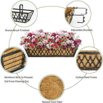 4 Pack 30 Inch Window Boxes Planters Railing Planter Box with Adjustable Brackets for Porch Fence Patio Balcony Hanging Flower Baskets with Coco Liners for Outdoor Garden Decor - Bronze