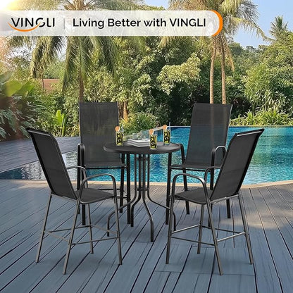 VINGLI Set of 2 Stackable Outdoor Bar Stools – Sling Chairs with High Back & Armrests, for Lawn, Garden, Bar, Black