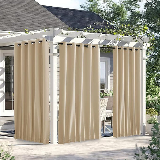 NICETOWN 2 Panels Weighted Blackout Curtains for Patio Waterproof, Top & Bottom Grommet & Back Tab Fixed Outdoor Curtains Windproof Drapes Thermal Insulated for Porch, W66 x L90, Biscotti Beige