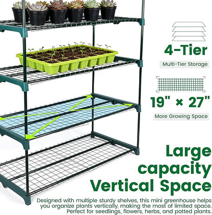 Worth Garden 4 Tier Mini Greenhouse - 63'' H x 27'' L x 19'' W - Sturdy Portable Gardening Shelves with PVC Cover - Small Green House Use in Indoor & Outdoor for Plants Flowers