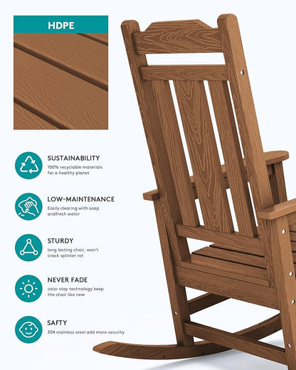 SERWALL Outdoor Rocking Chair Brown Set of 8, All Weather Patio Rocking Chair, HDPE Poly Rocking Chair for Adults, Heavy Duty Front Porch Rocker