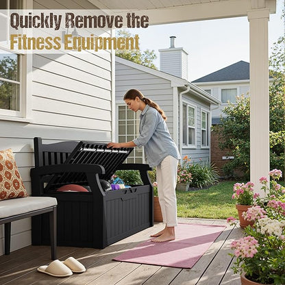 80-Gallon Outdoor Storage Bench, Waterproof Deck Box with Lockable Lid, Dark Black