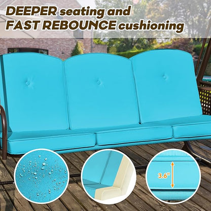 3 in 1 Outdoor Porch Swing with Adjustable Canopy, 3 Seat Outdoor Swing for Adults, Patio Swing Chair with Thickened Cushions,Pillows & Cup Holders for Backyard, Porch, Garden (Lake Blue)