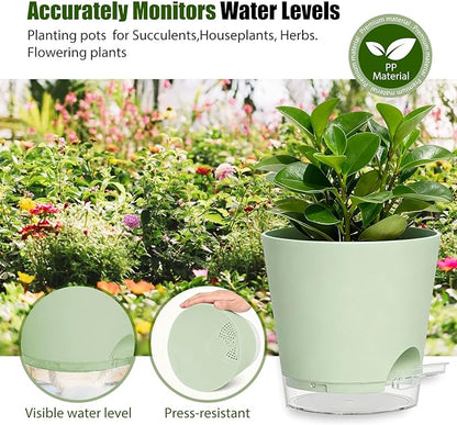 Plant Pots 6 Inch Self Watering Pots,6 Pack Plastic Planters with Drainage Holes and Clear Saucers,Plastic Flower Pots,Nursery Planting Pot for Indoor Out Door Plants (Green)