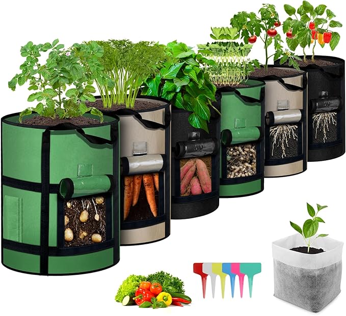 10 Gallon Potato Grow Bags with Viewing Window, 300G Nonwoven Garden Planting Pots, Heavy-Duty Surround Handles for Gardening Supplies (6Pack Grow Bags)