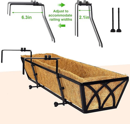 Y&M 24 Inch Window Deck with Coco Liner, Fence Metal Hanging Flower Planter Window Basket Deck Railing Planter Boxes for Outdoor Garden Lawn,6pcs