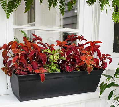 The HC Companies 24 Inch Eclipse Window Planter Box with Drainage Holes & Attached Saucer, Lightweight UV-Resistant Plastic Indoor & Outdoor Planters, 2-Pack Flower Box for Garden & Home Decor, Black