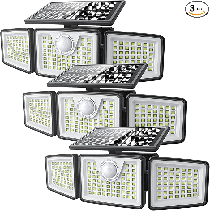 2500LM Solar Lights Outdoor with Motion Sensor,3 Head 270° Wide Angle Street Area Lights,IP65 Waterproof Security Lighting with 3 Modes(Remote,3 Pcs)