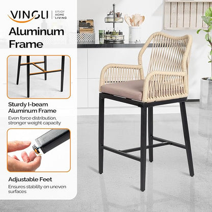 VINGLI Outdoor Counter Height Bar Stools Set of 4, Rattan Outdoor Barstools Boho Woven Patio Bar Stools with Backrest, Aluminum Frame Patio Garden Balcony Pool Bar Chair (4 PCS)