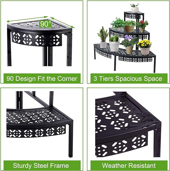 aboxoo 3 Tier Plant Stand Flower Pot Rack, Metal Stair-Step Style Corner Shelf Planters, Quarter Round Display Holder for Indoor Outdoor Use(Black, Semicircle)