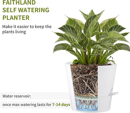 FaithLand 2-Pack 10 Inch Planter Pots for Indoor Outdoor Plants, Self Watering Flower Pots with Deep Reservoir, White …