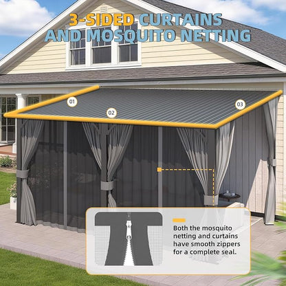 AECOJOY 20'x8' Outdoor Hardtop Metal Gazebo with Curtains and Netting for Patio, Large 8x20 Lean to Heavy Duty Wall Mounted Pergolas and Grill Gazebos Clearance, Patio Steel Roof Awnings for Decks