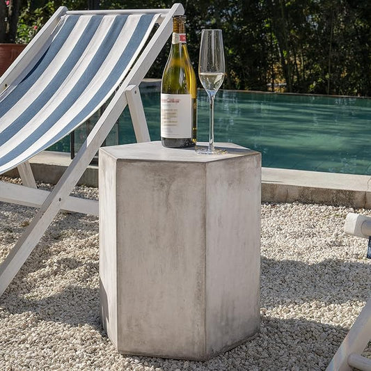 COSIEST Concrete Accent Table, Hexagon Patio Side Table 14.5''Wx16''H, Modular Design Indoor Outdoor End Table, Distressed Grey White Patina