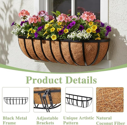 30 Inch Railing Planter Window Box Deck Balcony Rail Planter with Coco Liner Metal Wall-Mounted Coconut Liner Basket English Horse Trough for Outdoor Balcony Porch Fence Patio (2 Pack)