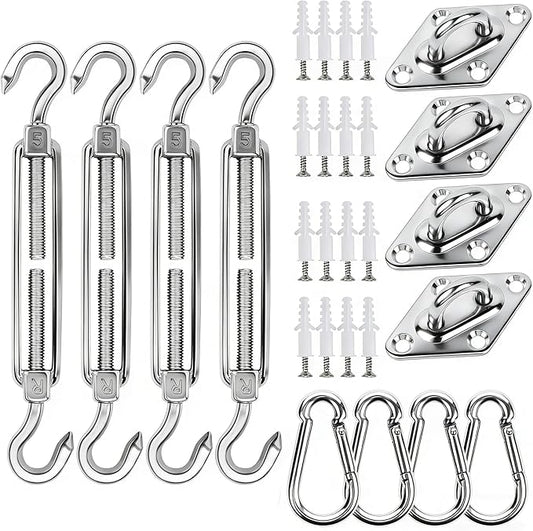 YOFIT 44 Pcs Shade Sail Hardware Kit, 5 Inch Outdoor Sun Sail Accessories, 304 Stainless Steel Turnbuckles & Brackets for Triangle/Rectangle Sails, Patio Canopy Installation Hardware Set Waterproof