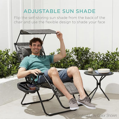 Best Choice Products 30” Wide Folding Zero Gravity Outdoor Recliner Patio Lounge Chair w/Adjustable Canopy Shade, Headrest, Side Accessory Tray - Beige