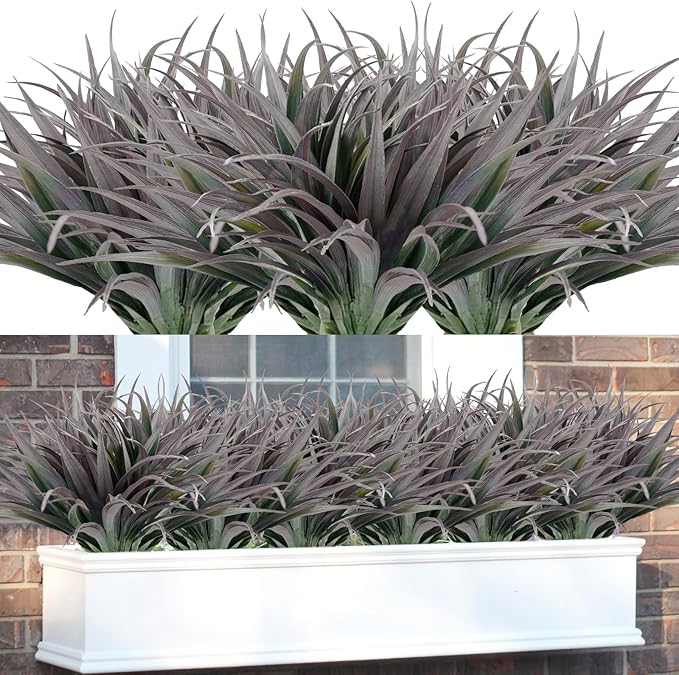 16Pcs Artificial Grass Fake Plants 17.3in Outdoor Plants UV Resistant Faux Greenery Stems Fake Grass for Home Window Garden Office Patio Pathway Front Porch Décor Green & Black