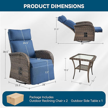 3 Pieces Zero Gravity Patio Swivel Rocking Recliner Chairs Set of 2 - Wicker Outdoor Lounge Chair with Side Table, Adjustable Backrest & Footrest, High Back Outdoor Recliner Chair for Pool Deck Blue