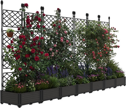 7 PCS Raised Garden Bed with Trellis, 114" LX16 WX63 H Plastic Planter Box for Climbing Plants, Outdoor Vertical Garden with Privacy Screen for Patio, Balcony, Backyard – Sturdy & Lightweight