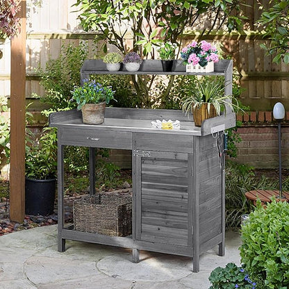 Yaheetech Outdoor Potting Bench Table, Garden Workstation w/Metal Tabletop/Cabinet Drawer/Open Top/Lower Shelf/Handy Hooks for Horticulture,Gray