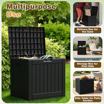 Flamaker Resin Deck Box 40 Gallon Waterproof Outdoor Indoor Storage Box Imitation Wood Resin for Patio Furniture Garden Tools and Pool (Black)