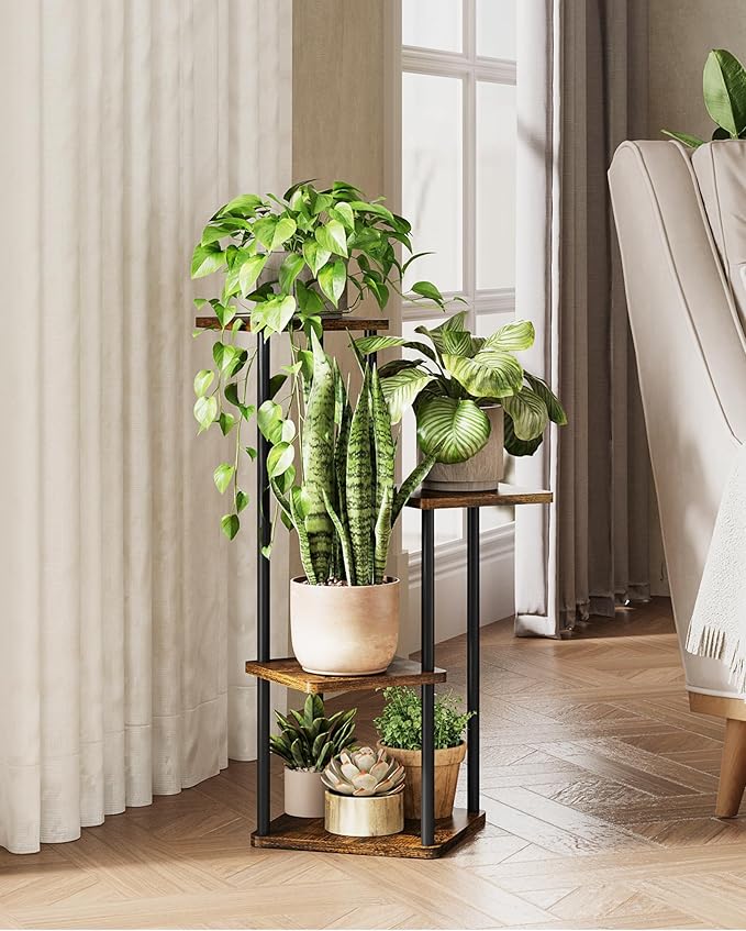 Tall Plant Stand Indoor 4 Tiered Plant Shelf for Multiple Plants Coner Shelf Stand Wood Plant Stand Metal Shelving for Living Room Bedroom Balcony Patio Brown Oak