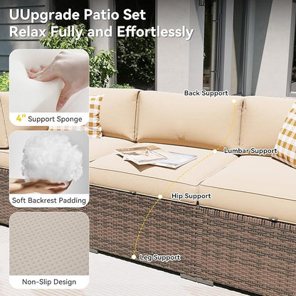 Aoxun Patio Furniture Set with Fire Pit Table, 8 Piece Outdoor Sectional Sofas, Wicker Outdoor Furniture with Thickened Cushion for Backyard, Garden (Brown Rattan Begin Cushions)